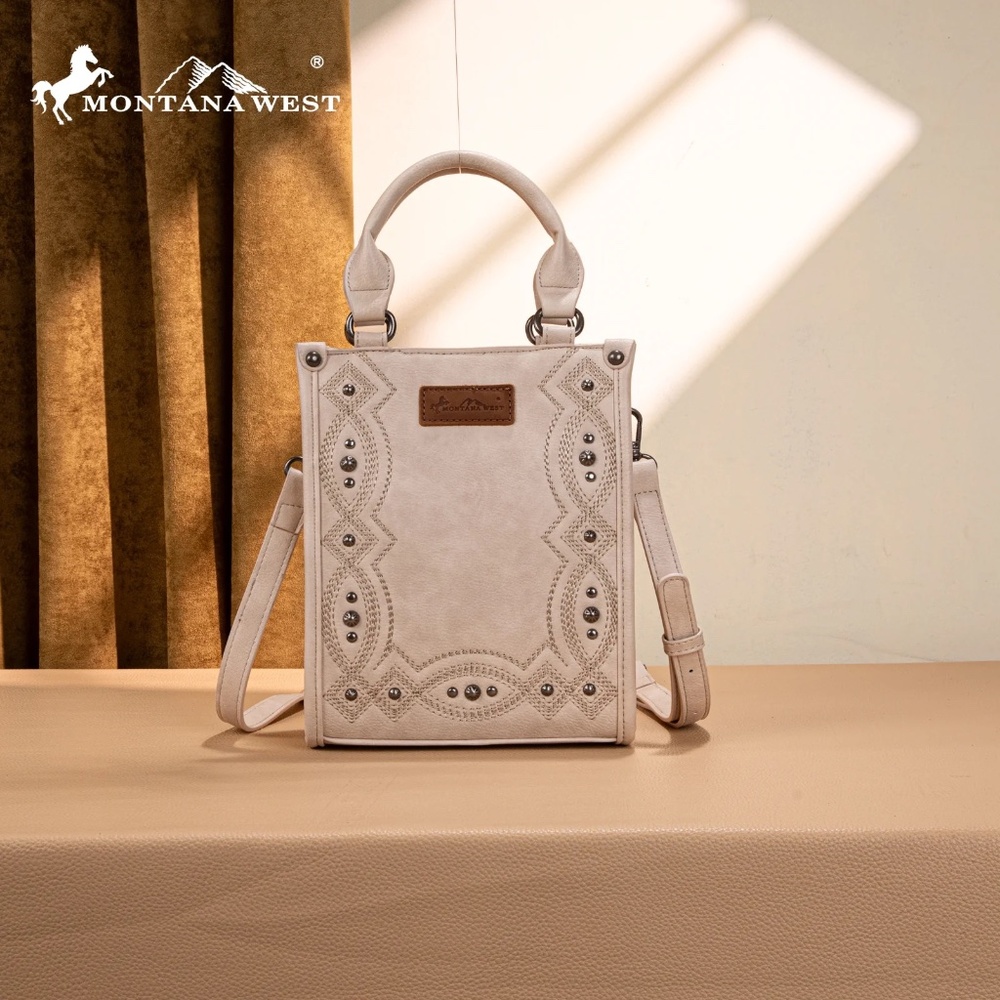 Montana West Embroidered Aztec Small Tote/Crossbody Beige